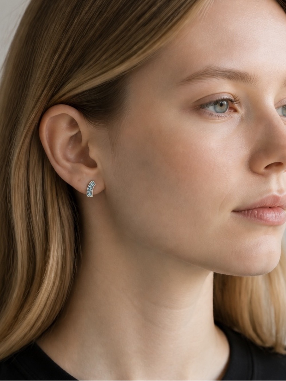 Sterling Silver Curved Hoop Earrings with Blue Crystal Inlay
